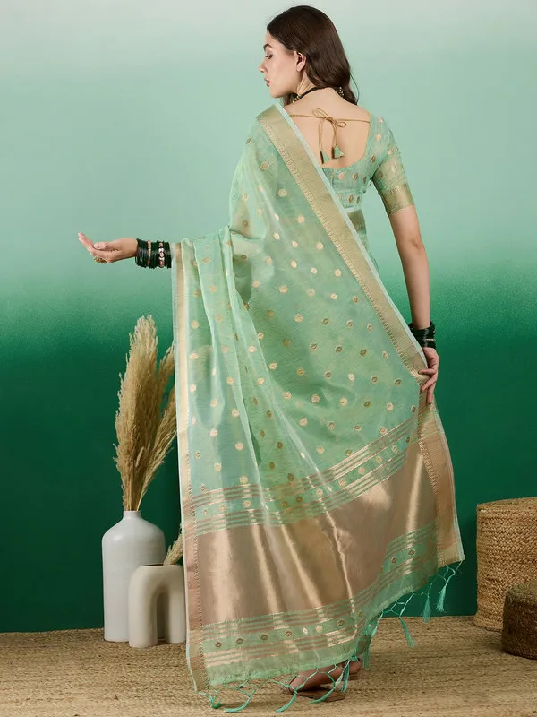 Green_Khadi_Organza_Premium_&_Elegant_(_Golden_Zari_Polka_Dots_)_Saree_With_Blouse_Piece_For_Women