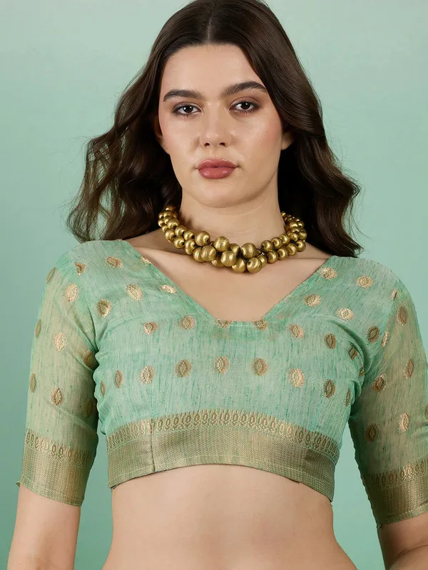 Green_Khadi_Organza_Premium_&_Elegant_(_Golden_Zari_Polka_Dots_)_Saree_With_Blouse_Piece_For_Women