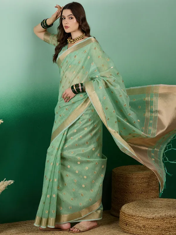 Green_Khadi_Organza_Premium_&_Elegant_(_Golden_Zari_Polka_Dots_)_Saree_With_Blouse_Piece_For_Women