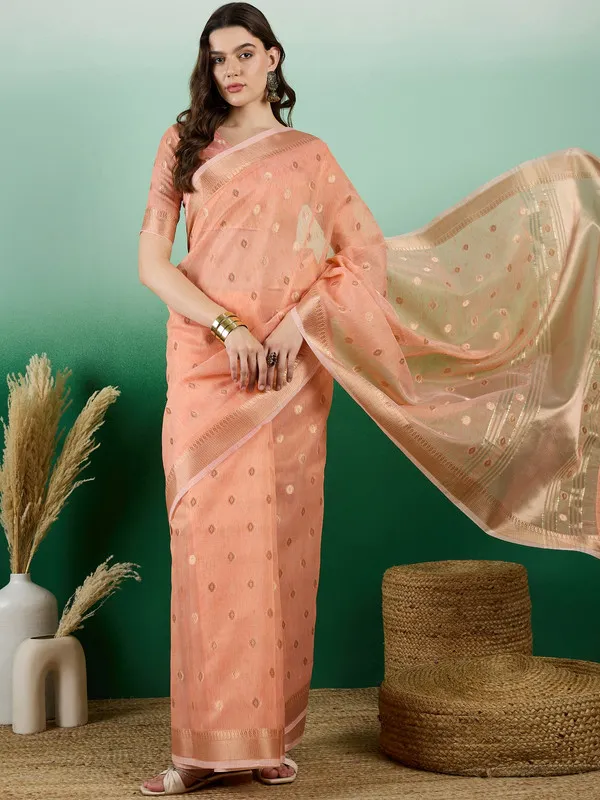 Orange_Khadi_Organza_Premium_&_Elegant_(_Golden_Zari_Polka_Dots_)_Saree_With_Blouse_Piece_For_Women