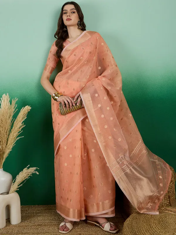 Orange_Khadi_Organza_Premium_&_Elegant_(_Golden_Zari_Polka_Dots_)_Saree_With_Blouse_Piece_For_Women
