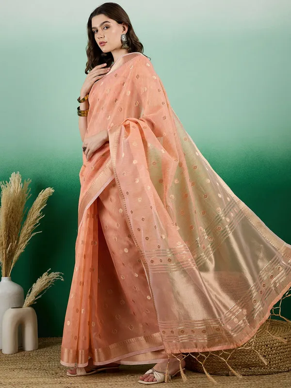 Orange_Khadi_Organza_Premium_&_Elegant_(_Golden_Zari_Polka_Dots_)_Saree_With_Blouse_Piece_For_Women