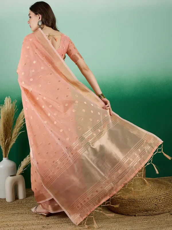 Orange_Khadi_Organza_Premium_&_Elegant_(_Golden_Zari_Polka_Dots_)_Saree_With_Blouse_Piece_For_Women