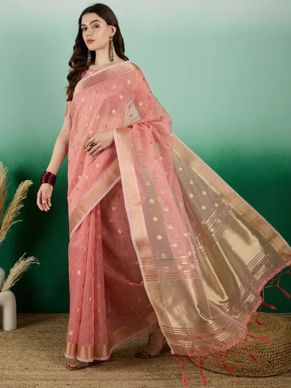 Peach_Khadi_Organza_Premium_&_Elegant_(_Golden_Zari_Polka_Dots_)_Saree_With_Blouse_Piece_For_Women