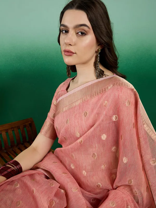 Peach_Khadi_Organza_Premium_&_Elegant_(_Golden_Zari_Polka_Dots_)_Saree_With_Blouse_Piece_For_Women