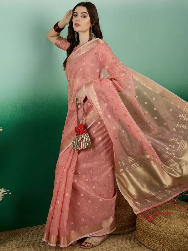 Peach_Khadi_Organza_Premium_&_Elegant_(_Golden_Zari_Polka_Dots_)_Saree_With_Blouse_Piece_For_Women