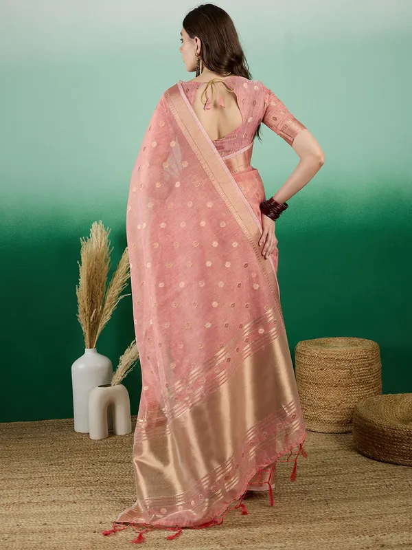Peach_Khadi_Organza_Premium_&_Elegant_(_Golden_Zari_Polka_Dots_)_Saree_With_Blouse_Piece_For_Women