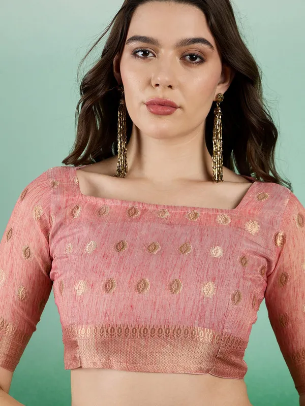 Peach_Khadi_Organza_Premium_&_Elegant_(_Golden_Zari_Polka_Dots_)_Saree_With_Blouse_Piece_For_Women