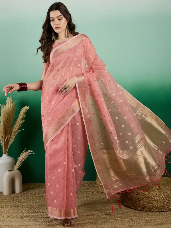 Peach_Khadi_Organza_Premium_&_Elegant_(_Golden_Zari_Polka_Dots_)_Saree_With_Blouse_Piece_For_Women
