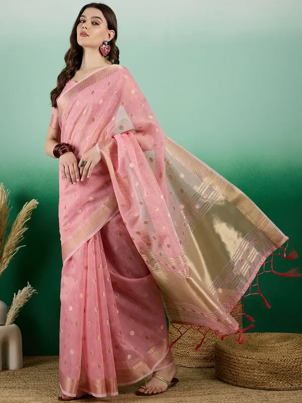 Pink_Khadi_Organza_Premium_&_Elegant_(_Golden_Zari_Polka_Dots_)_Saree_With_Blouse_Piece_For_Women