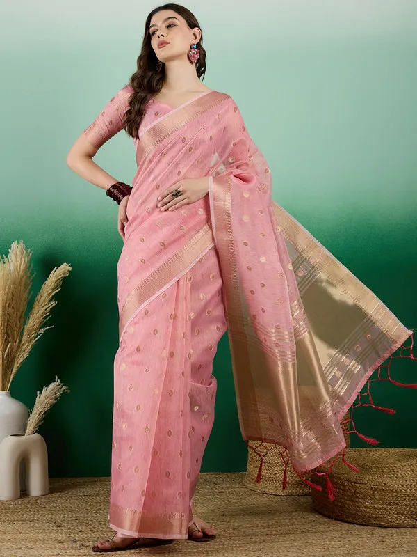 Pink_Khadi_Organza_Premium_&_Elegant_(_Golden_Zari_Polka_Dots_)_Saree_With_Blouse_Piece_For_Women