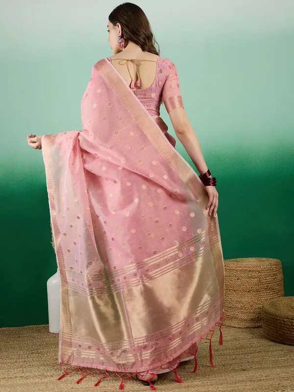 Pink_Khadi_Organza_Premium_&_Elegant_(_Golden_Zari_Polka_Dots_)_Saree_With_Blouse_Piece_For_Women
