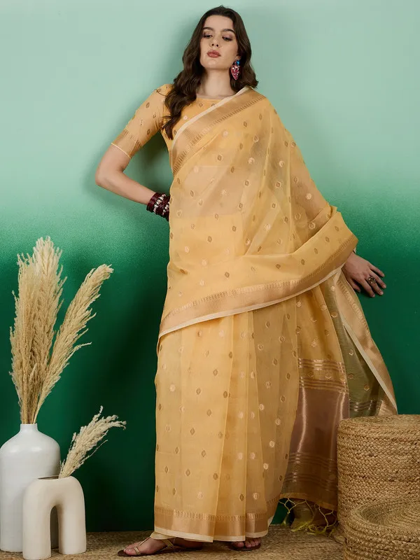 Yellow_Khadi_Organza_Premium_&_Elegant_(_Golden_Zari_Polka_Dots_)_Saree_With_Blouse_Piece_For_Women