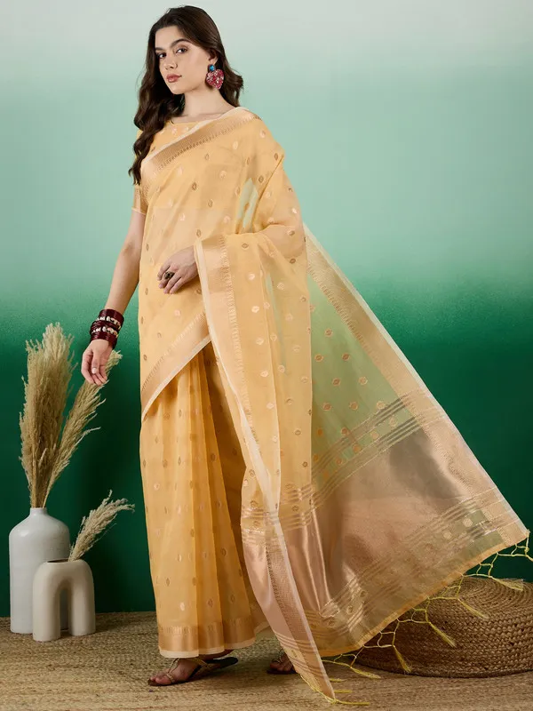 Yellow_Khadi_Organza_Premium_&_Elegant_(_Golden_Zari_Polka_Dots_)_Saree_With_Blouse_Piece_For_Women