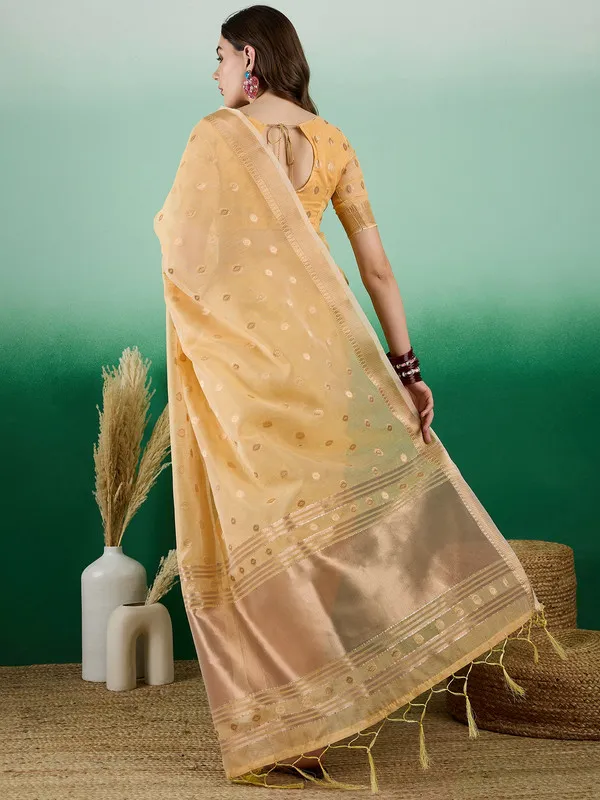 Yellow_Khadi_Organza_Premium_&_Elegant_(_Golden_Zari_Polka_Dots_)_Saree_With_Blouse_Piece_For_Women