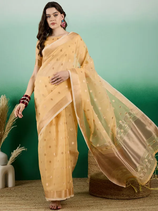 Yellow_Khadi_Organza_Premium_&_Elegant_(_Golden_Zari_Polka_Dots_)_Saree_With_Blouse_Piece_For_Women