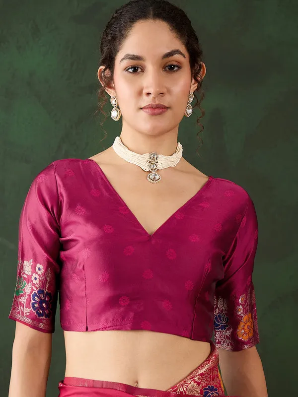 Pink_Cotton_Silk___Premium_&_Elegant_(_Multicolour_Floral_Jacquard_)_Saree_With_Blouse_Piece_For_Women