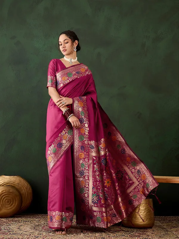Pink_Cotton_Silk___Premium_&_Elegant_(_Multicolour_Floral_Jacquard_)_Saree_With_Blouse_Piece_For_Women