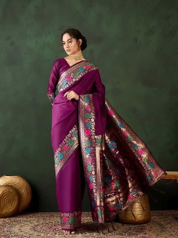 Purple_Cotton_Silk___Premium_&_Elegant_(_Multicolour_Floral_Jacquard_)_Saree_With_Blouse_Piece_For_Women