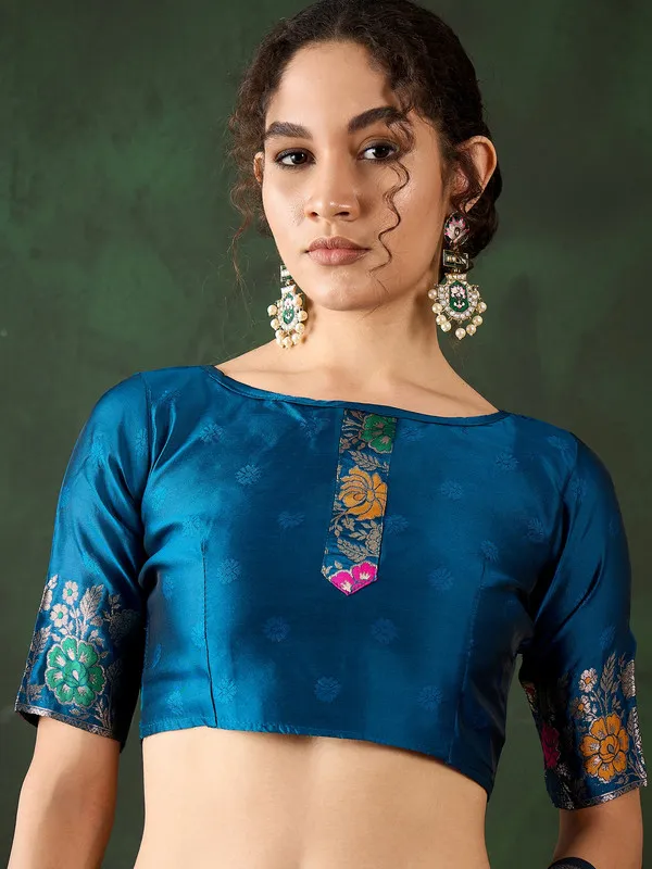 Teal_Cotton_Silk___Premium_&_Elegant_(_Multicolour_Floral_Jacquard_)_Saree_With_Blouse_Piece_For_Women