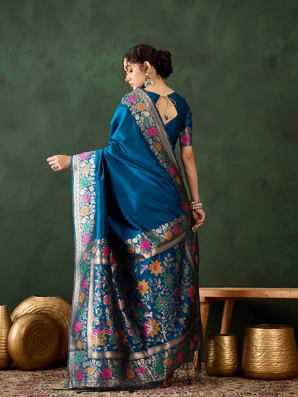 Teal_Cotton_Silk___Premium_&_Elegant_(_Multicolour_Floral_Jacquard_)_Saree_With_Blouse_Piece_For_Women
