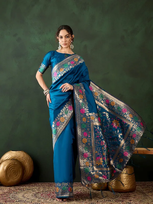Teal_Cotton_Silk___Premium_&_Elegant_(_Multicolour_Floral_Jacquard_)_Saree_With_Blouse_Piece_For_Women