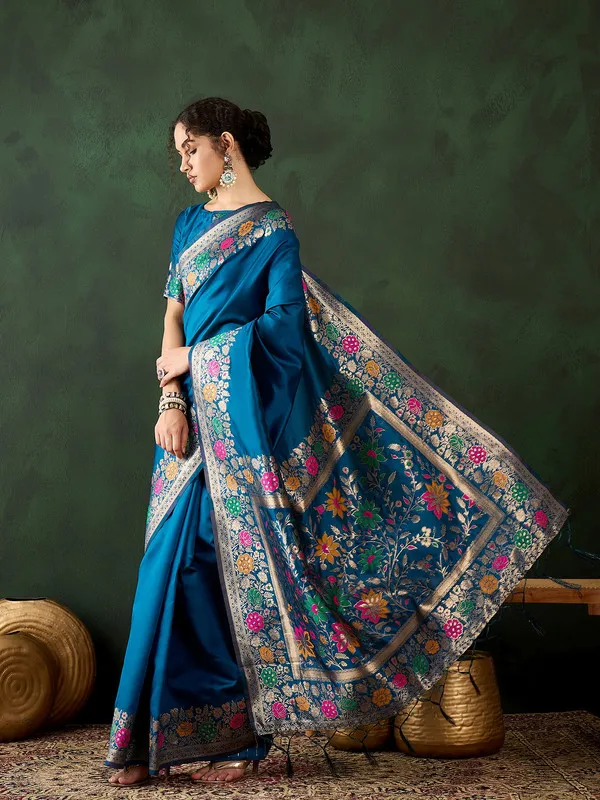 Teal_Cotton_Silk___Premium_&_Elegant_(_Multicolour_Floral_Jacquard_)_Saree_With_Blouse_Piece_For_Women
