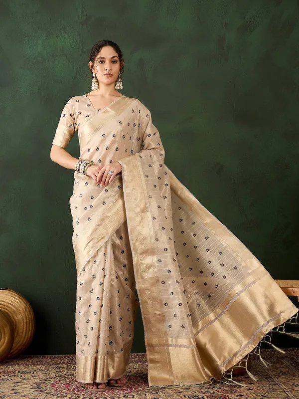 Beige_Khadi_Organza_Premium_&_Elegant_(_Rich_Pallu_)_Saree_With_Blouse_Piece_For_Women