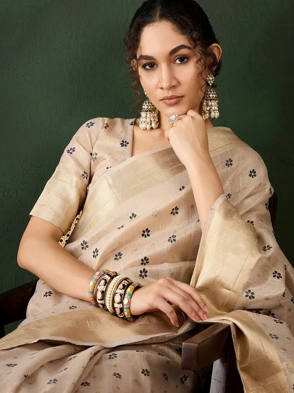 Beige_Khadi_Organza_Premium_&_Elegant_(_Rich_Pallu_)_Saree_With_Blouse_Piece_For_Women