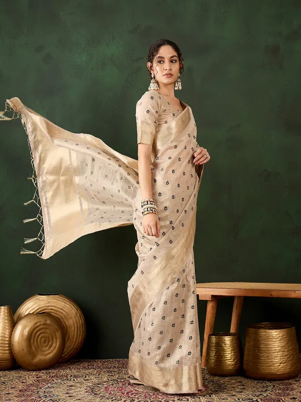 Beige_Khadi_Organza_Premium_&_Elegant_(_Rich_Pallu_)_Saree_With_Blouse_Piece_For_Women