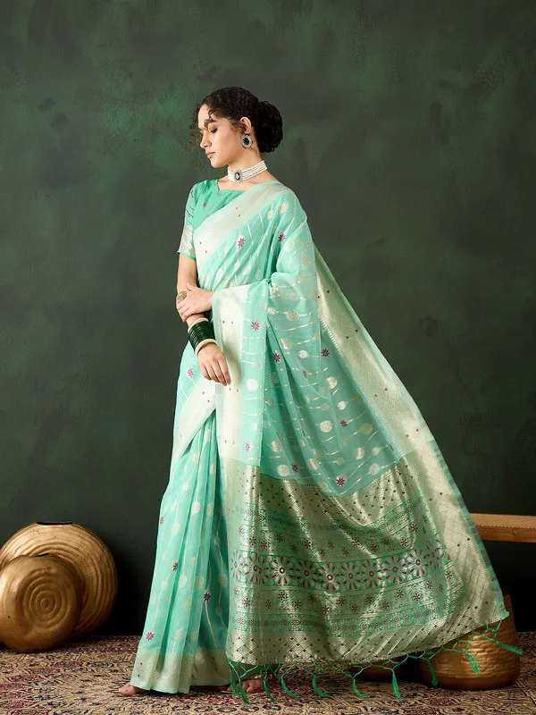 Sea_Green_Cotton_Silk___Premium_&_Elegant_(_Rich_Pallu_)_Saree_With_Blouse_Piece_For_Women