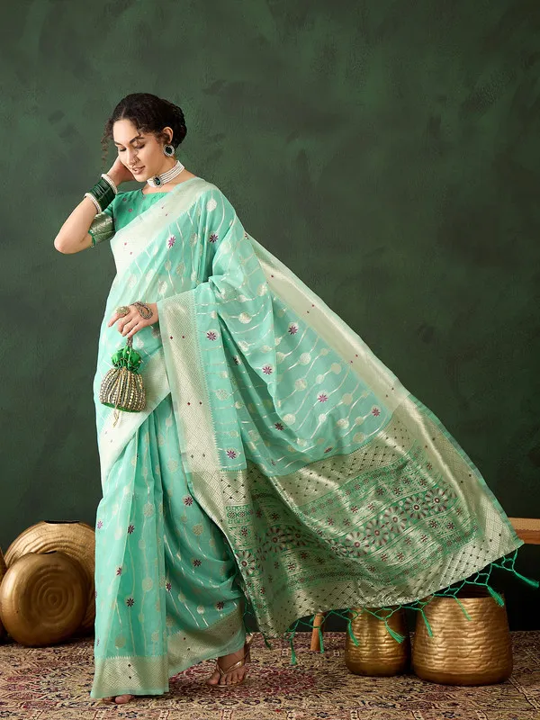 Sea_Green_Cotton_Silk___Premium_&_Elegant_(_Rich_Pallu_)_Saree_With_Blouse_Piece_For_Women