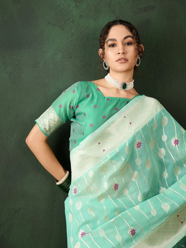 Sea_Green_Cotton_Silk___Premium_&_Elegant_(_Rich_Pallu_)_Saree_With_Blouse_Piece_For_Women