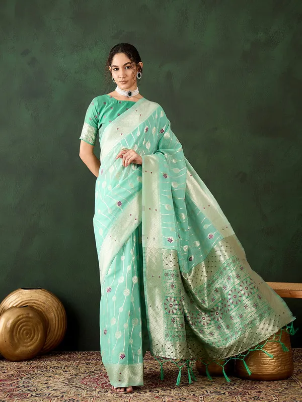 Sea_Green_Cotton_Silk___Premium_&_Elegant_(_Rich_Pallu_)_Saree_With_Blouse_Piece_For_Women