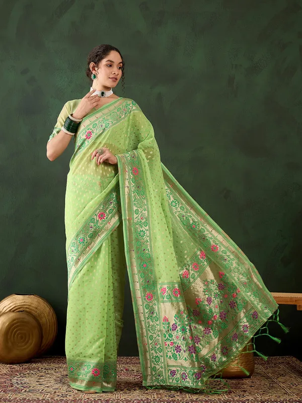 Pista_Green_Cotton_Silk___Premium_&_Elegant_(_Matching_)_Saree_With_Blouse_Piece_For_Women