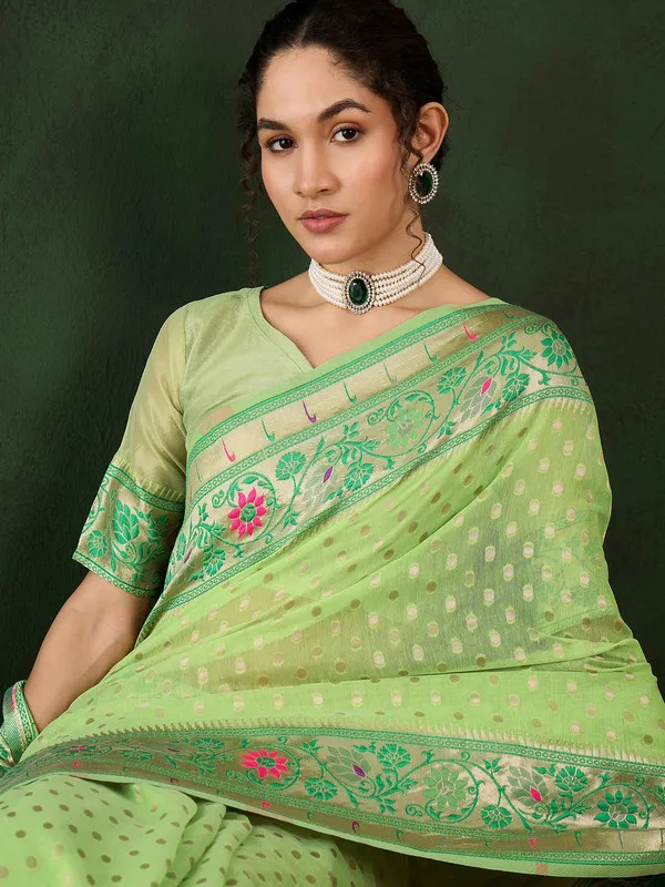 Pista_Green_Cotton_Silk___Premium_&_Elegant_(_Matching_)_Saree_With_Blouse_Piece_For_Women
