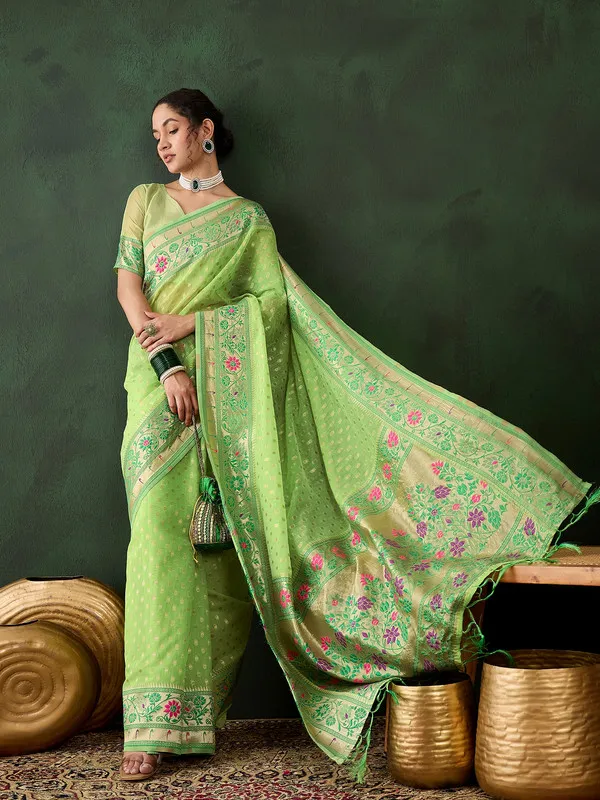 Pista_Green_Cotton_Silk___Premium_&_Elegant_(_Matching_)_Saree_With_Blouse_Piece_For_Women