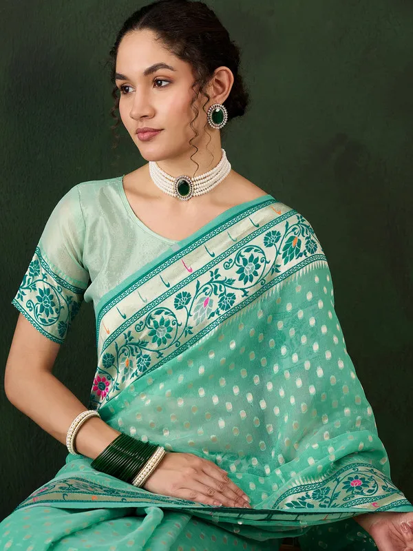 Sea_Green_Cotton_Silk___Premium_&_Elegant_(_Matching_)_Saree_With_Blouse_Piece_For_Women