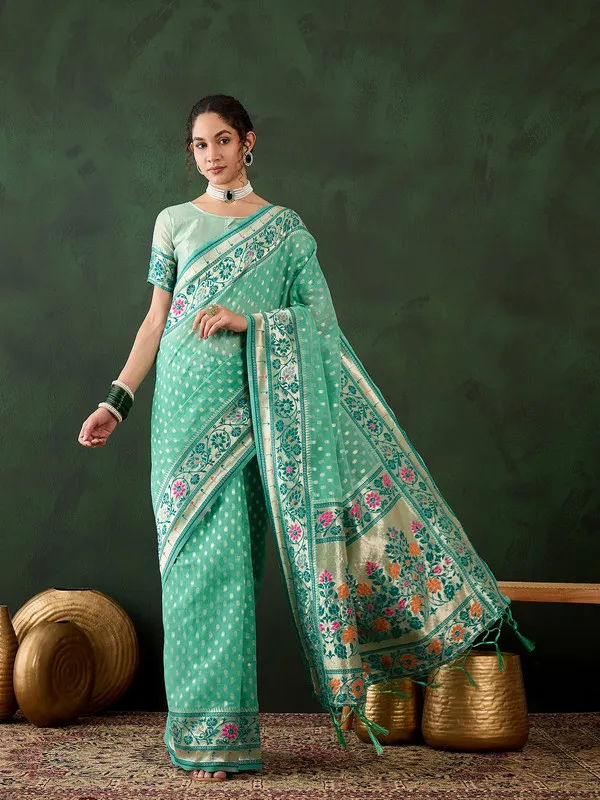 Sea_Green_Cotton_Silk___Premium_&_Elegant_(_Matching_)_Saree_With_Blouse_Piece_For_Women