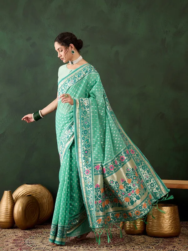 Sea_Green_Cotton_Silk___Premium_&_Elegant_(_Matching_)_Saree_With_Blouse_Piece_For_Women