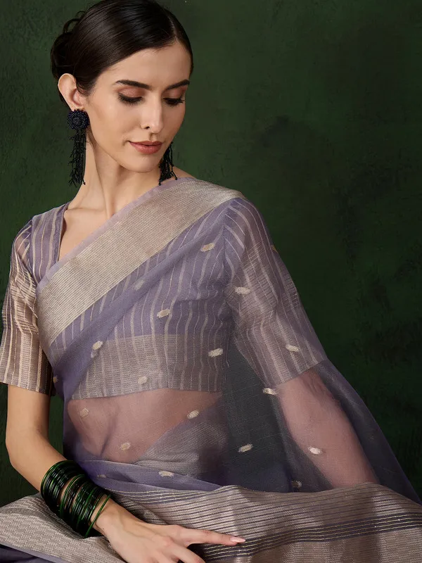 Lavender_Khadi_Organza_Premium_&_Elegant_(_Polka_Dot_Jacquard,_Zari_Border_)_Saree_With_Blouse_Piece_For_Women