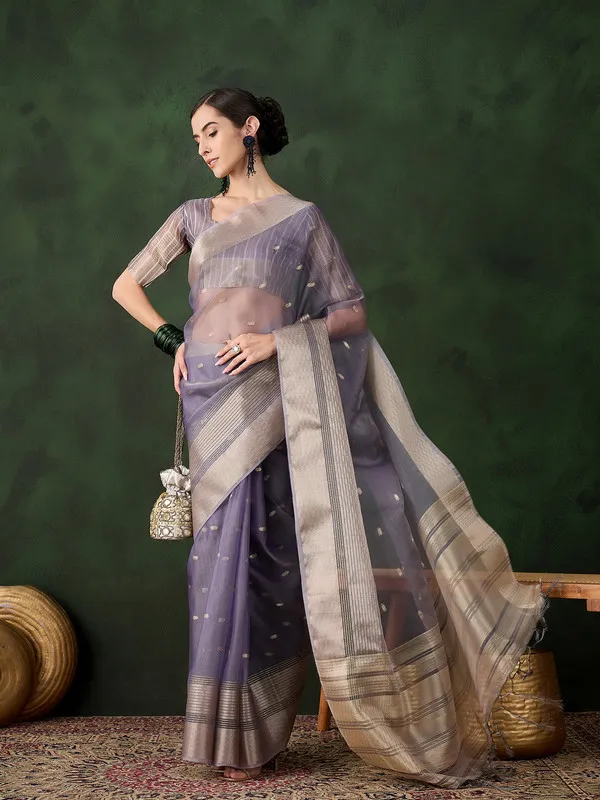 Lavender_Khadi_Organza_Premium_&_Elegant_(_Polka_Dot_Jacquard,_Zari_Border_)_Saree_With_Blouse_Piece_For_Women
