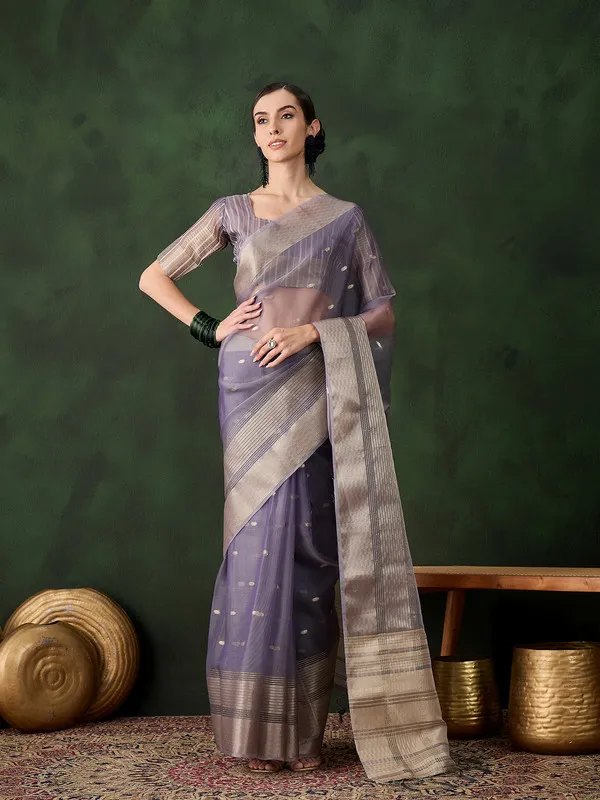 Lavender_Khadi_Organza_Premium_&_Elegant_(_Polka_Dot_Jacquard,_Zari_Border_)_Saree_With_Blouse_Piece_For_Women