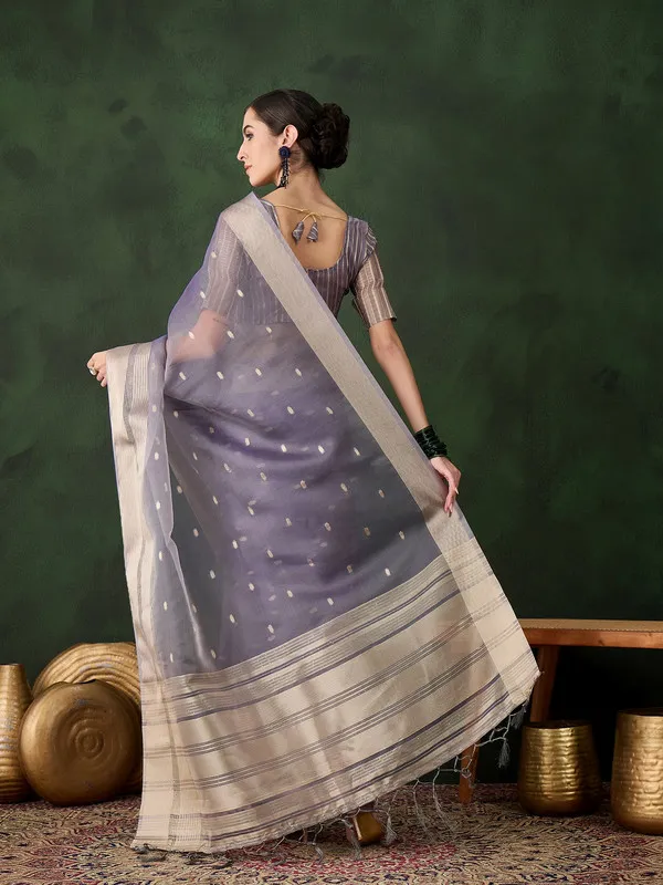 Lavender_Khadi_Organza_Premium_&_Elegant_(_Polka_Dot_Jacquard,_Zari_Border_)_Saree_With_Blouse_Piece_For_Women