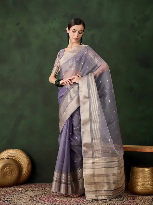 Lavender_Khadi_Organza_Premium_&_Elegant_(_Polka_Dot_Jacquard,_Zari_Border_)_Saree_With_Blouse_Piece_For_Women