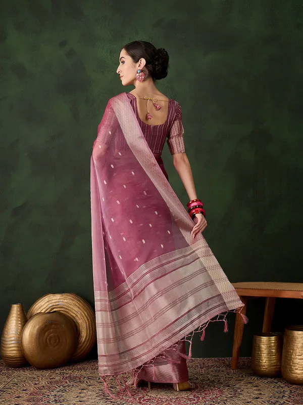 Magenta_Khadi_Organza_Premium_&_Elegant_(_Polka_Dot_Jacquard,_Zari_Border_)_Saree_With_Blouse_Piece_For_Women