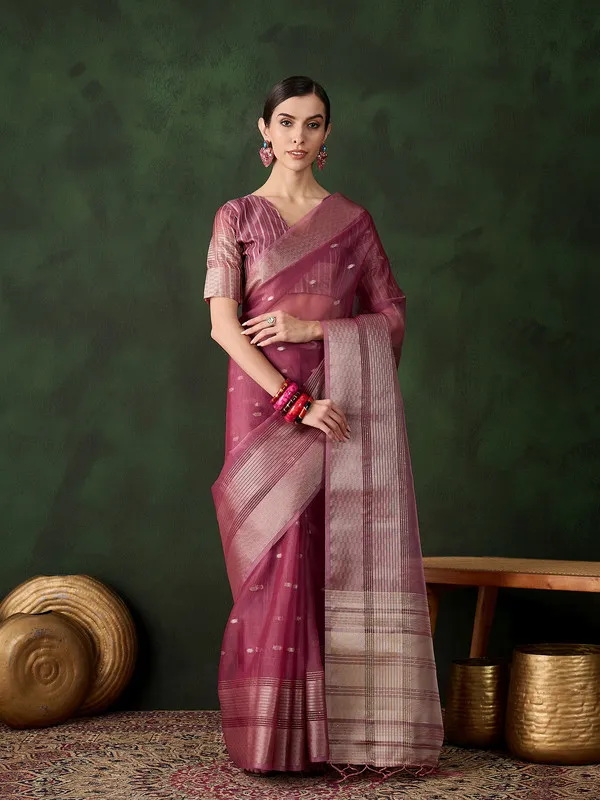 Magenta_Khadi_Organza_Premium_&_Elegant_(_Polka_Dot_Jacquard,_Zari_Border_)_Saree_With_Blouse_Piece_For_Women