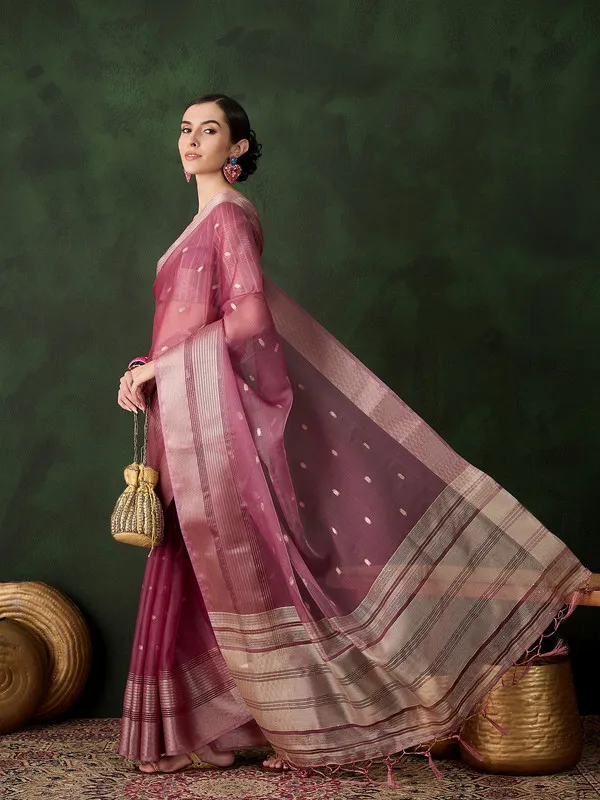 Magenta_Khadi_Organza_Premium_&_Elegant_(_Polka_Dot_Jacquard,_Zari_Border_)_Saree_With_Blouse_Piece_For_Women