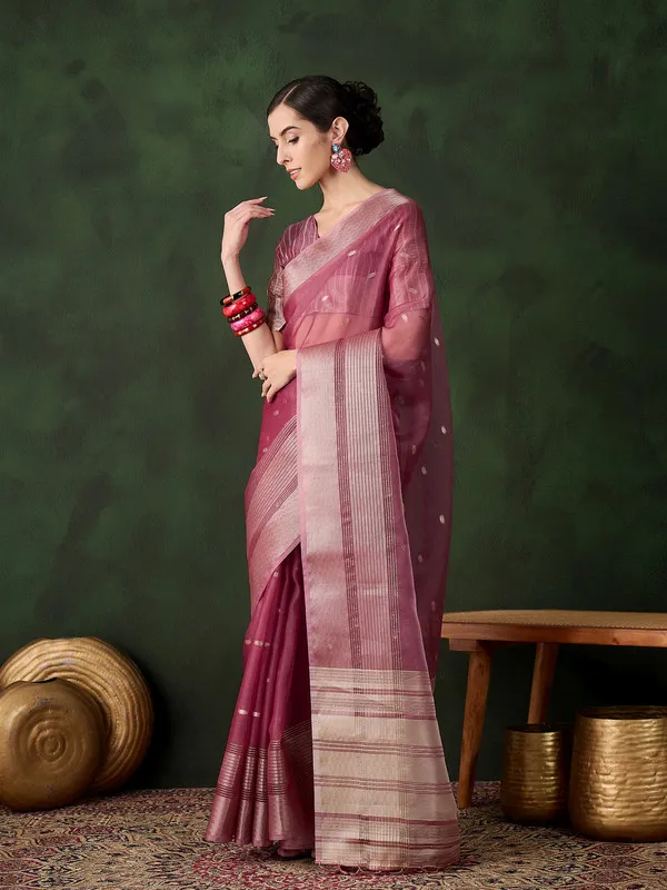 Magenta_Khadi_Organza_Premium_&_Elegant_(_Polka_Dot_Jacquard,_Zari_Border_)_Saree_With_Blouse_Piece_For_Women
