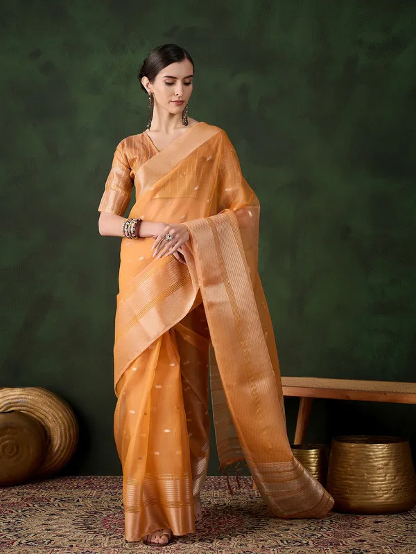 Orange_Khadi_Organza_Premium_&_Elegant_(_Polka_Dot_Jacquard,_Zari_Border_)_Saree_With_Blouse_Piece_For_Women